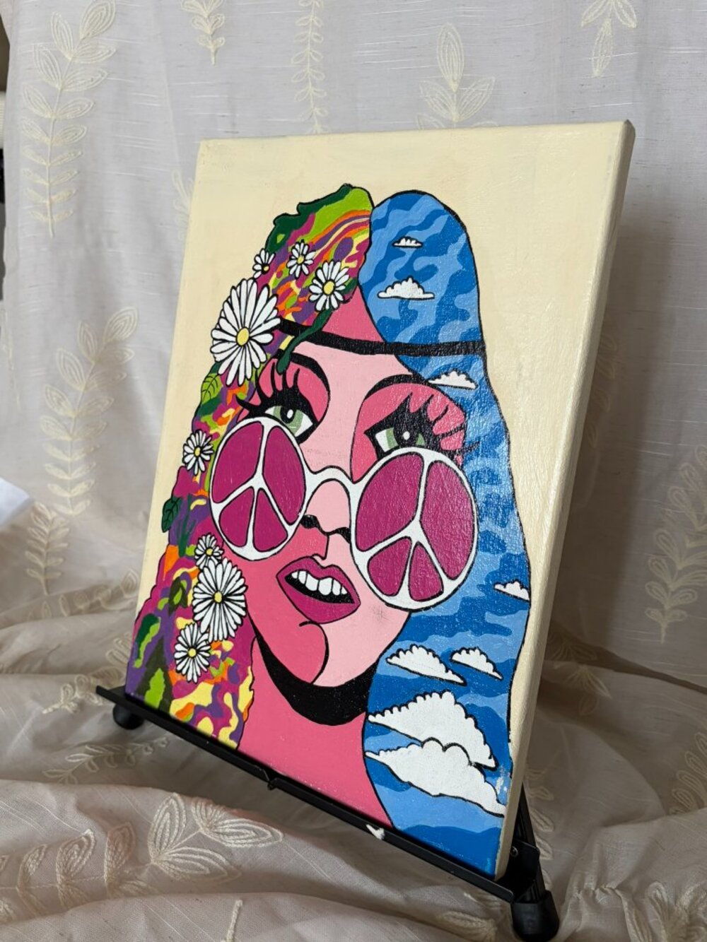 Hand Painted Hippie Peace Sign Girl Psychedelic Acrylic Canvas 12x16
